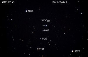 Obraz z kanarysjskiego teleskopu slooh Teide - 2, oznaczono jasności niektórych gwiazd